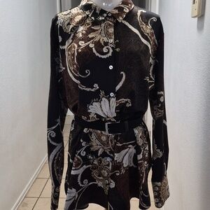 Susan Graver Black and Brown Paisley Button-Up Top, With or without belt